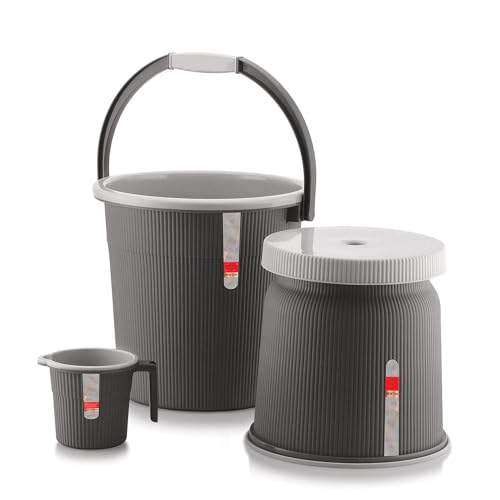 Image of Plastic Bathroom Set with Mug Patla /Stool | Bath Accessory Set (20 Liter Bucket+ 1 Liter Mug+Big Stool) (Dark Grey)