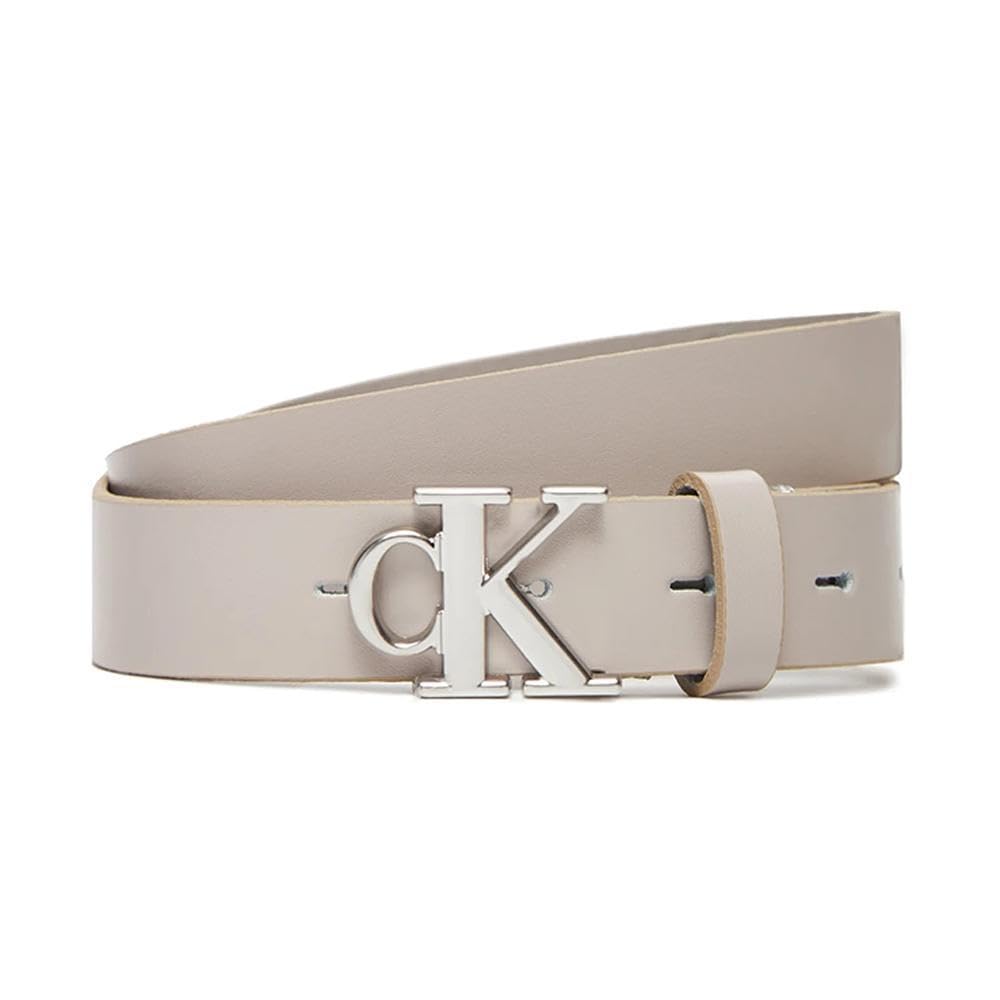 Calvin Klein Women's Monogram Plaque Buckle 2.5 cm Leather Belt, Off-White (Chateau), 39.4 inches