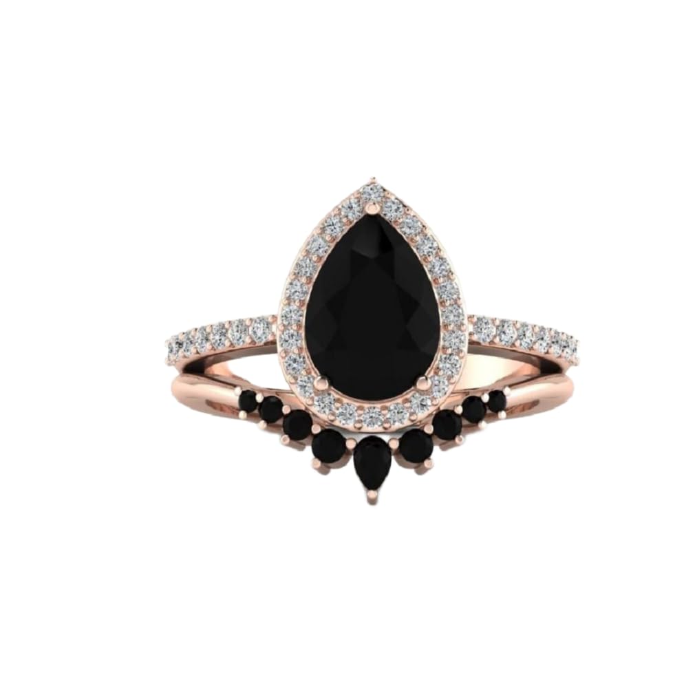 2 CT Pear Cut Black Diamond Halo Bridal Ring Set for Women | Antique Black Engagement Ring | Handmade Diamond Jewelry | Silver/Gold Anniversary Ring for Her/Gifts