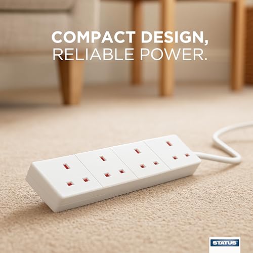 STATUS 4 Way Socket Extension Lead, 1m Cable Multi-Plug Power Strip for Home & Office Use, Wall Mountable in White (4WS1M20) - Image 3