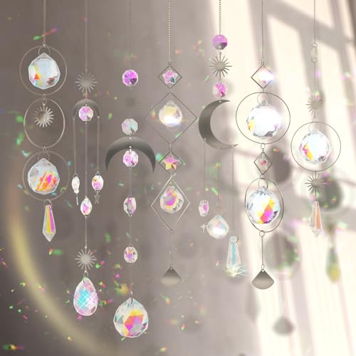 nuyikaso 7 Stück Kristall Sonnenfänger Hängend Windspiel Regenbogen Sonne Mond Anhänger Kristalle Ornament Kristall Kugeln für Fenster Haus Garten Weihnachten Tag Party Hochzeit Dekoration