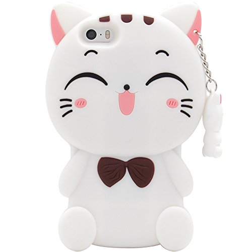 iPhone SE Case, MC Fashion 3D Lucky Fortune Cat Kitty with Cute Bow Tie Silicone Rubber Phone Case Cover for Apple iPhone 5/5S/SE (White)