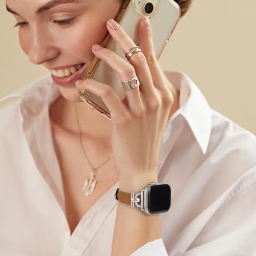 Image of Leather Band Compatible with Apple Watch Bands for Women, Dressy Fancy Strap for iWatch Series 11 /10 /9 /8 /7 /6 /5 /4 /3 /2 /1 /se /Ultra /Ultra 2(49mm 46mm 45mm 44mm 42mm,Light Brown /Starlight)