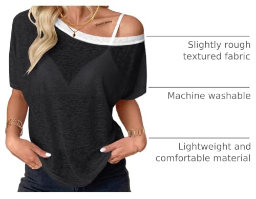 Image of Hilinker Women's Sheer Off The Shoulder Tops See Through Sexy Short Sleeve Mesh Shirt Summer