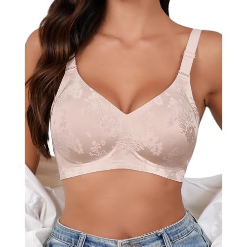 SHARICCA Jelly Bras for Women No Underwire Padded Full Coverage Jacquard Bra Comfort Soft Convertible Crisscross Bras Dusty Pink Medium