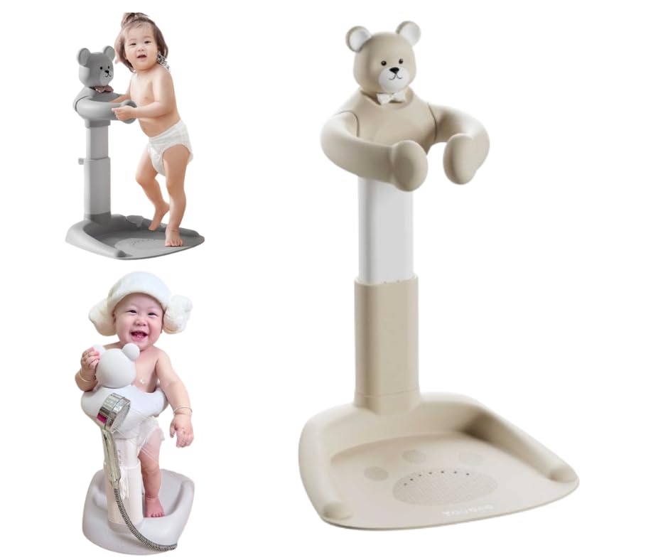 Image of Baby Shower Stand with Anti-Slip Base,Teddy Bear Shaped Bathtub Dish, Pink, Bath Assistant, Baby Bath(Beige)