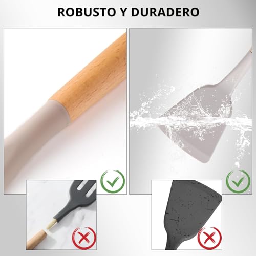 Miniatura 2 de Basvii 12 Piezas Juego De Utensilios De Cocina De Silicona, Fabricado En Silicona Y Mangos De Madera, Resistente Al Calor Antiadherente, Utensilios Cocina Apto Para Todas Las Ollas Y Sartenes