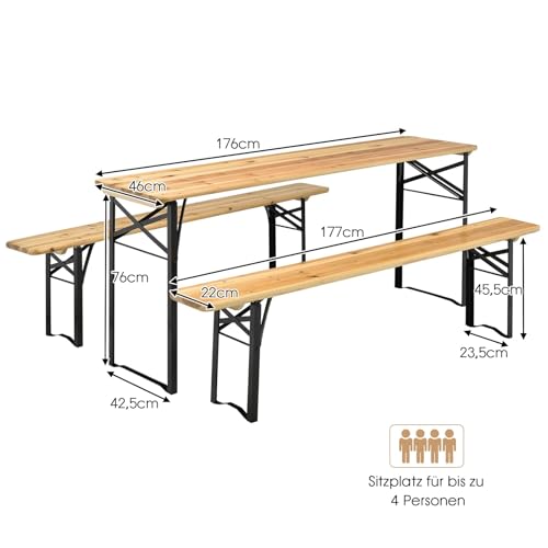 FANTASK 3tlg. Campingtisch Set mit 2 Sitzbänke, Campingtisch Set Metallrahmen, Festzeltgarnitur Picknicktisch, Bierzeltgarnitur für Terrasse & Garten, 178 x 46 x 76cm