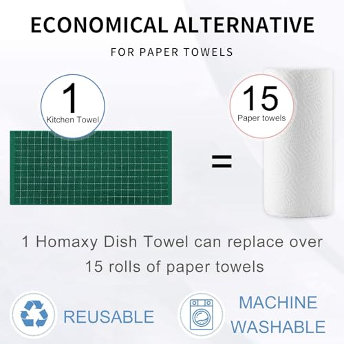 Homaxy 100% Cotton Terry Kitchen Towels(Dark Green, 13 x 28 inches), Checkered Designed, Soft and Super Absorbent Dish Towels, 4 Pack