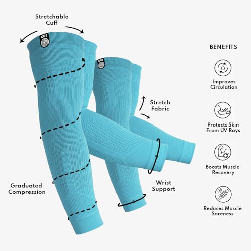 Image of KUE Compression Arm Sleeves for Men Women | Improves Blood Circulation Joint Pain Relief | UV Sun Protection Cooling Sports for Running, Cricket, Gym, Cycling, Biking (Blue, S /M, 2 Pair)