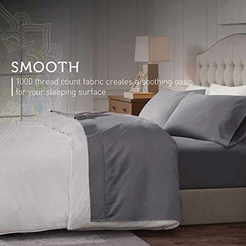 1000 Thread Count Luxury Cotton Bed Sheets | 4 Piece Queen Bed Sheets Cotton Set - Fitted, Flat Sheet & Pillowcases | Deep Pocket Stretches Up to 20 Inch to Easily Cover Large Mattress - Grey