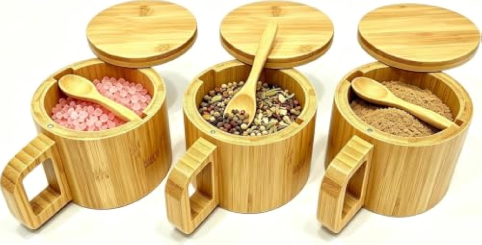 Bamboo Salt Cellar with Handle, Magnetic Swivel Lid & Spoon