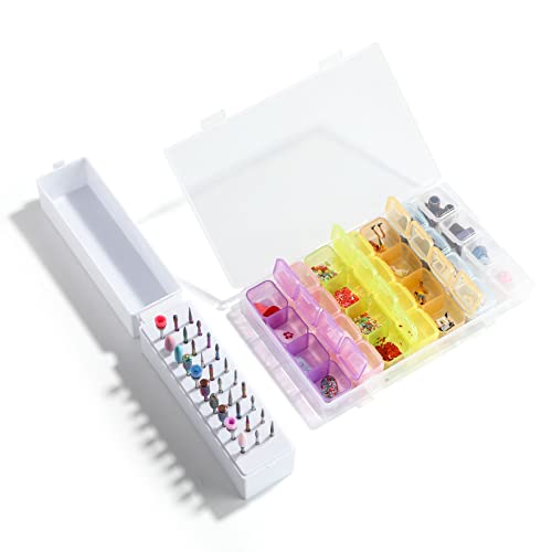 Oneleaf Nail Art Tip Storage Organizer Empty 28 Space Box Case & Nail Drill Bits Holder Plastic Container For False Nail Tips, Fingernail Crystal, Jewelry, Vitamins, Rhinestone Glitter Accessories