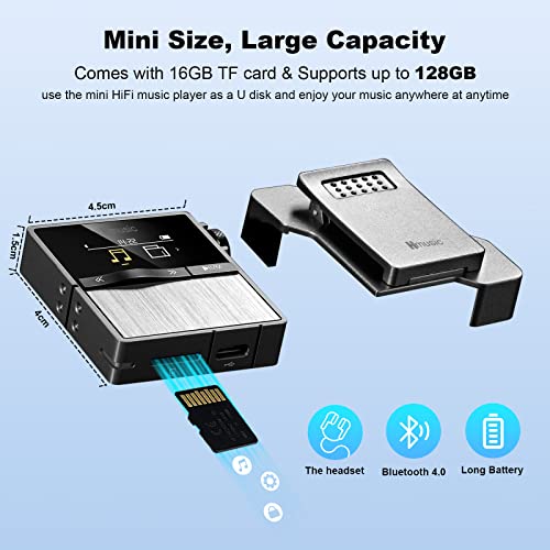Hmusic P68 Hifi Mp3 Player With Clip, Lossless Dsd High Resolution Music Player Bluetooth, Portable Hi-Res Audio Player With 16Gb Memory Card, Support Up To 128Gb Hifi Music Player For Sport, Running #TOP3