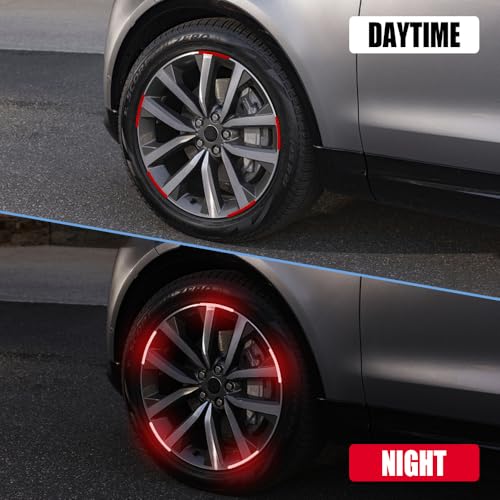 Image of 20PCS Reflective Car Wheel Decorative Stripe Stickers, Red, Custom Style, Waterproof Material, Rectangular, Striped, Outdoor Use, Wheel Sticker