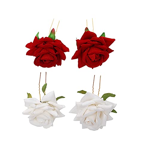 Image of Vogue Hair Accessories Light Weight Red and White Rose Flower Bun Maker Juda Pins Hair Accessories (4 Hair Pins) (Red & White)