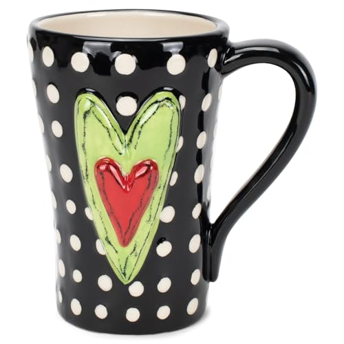 Taza de cerámica con puntos blancos y corazón rojo verde