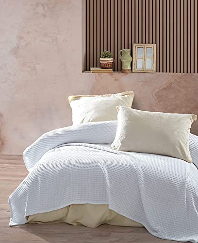 BOHORIA® Couvre-lit gaufré Pure Waffle extra large 210 x 240 cm | 100 % coton | Oeko-Tex® | Jeté de canapé, fauteuil et lit | Couverture de canapé (Pure Waffle Throw) (Pearl, 210 x 240 cm) Cover