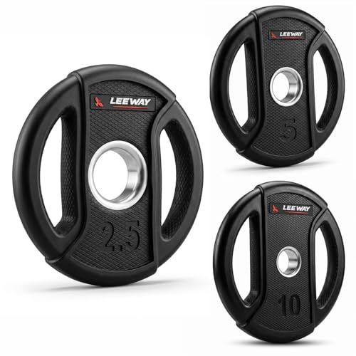 Image of Leeway Olympic Rubber Weight Plates for Home Gym | 70 Kg Set | 51mm Bore | Dual-Grip Rubber Plates with Metal Ring | Anti-Rust Barbell & Dumbbell Bumper Weight for Home Gym & Commercial, (2.5kgX4+5kgX4+10kgX4)