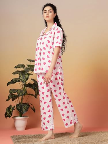 Image of Night Suit for Women's| Heart Printed Cotton Night Dress| Half Sleeves Shirt and Pajama Set(White& Red-Xs)