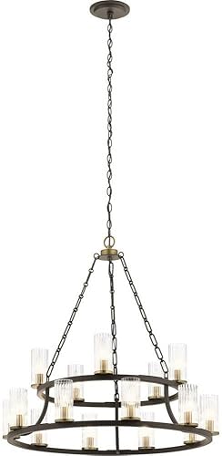 Kichler Mathias - Lámpara de araña de 31 pulgadas, 15 luces, 2 niveles, con vidrio transparente y acanalado en bronce antiguo