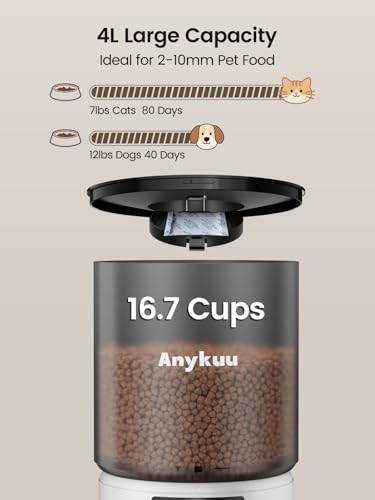 Anykuu Futterautomat Katze & Hund 4L Pet Feeder Cat mit Timer & Portionskontrolle 1-6 Mahlzeiten pro Tag Trockenfutterspender Hunde mit 10s Aufnahmefunktion für Kleine/Mittlere Haustiere