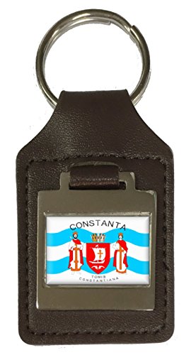 Porte-clés en cuir gravé drapeau de Constanta City Roumanie en bleu marine