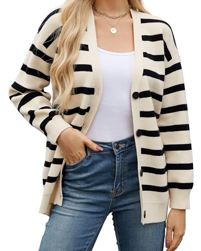 Bsubseach Women Striped Cardigan Sweater - Open Front Long Sleeve Sweaters Fall Jackets Apricot XXL