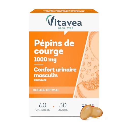 Vitavea - Pépin de Courge 1000MG - Complément alimentaire Homme - Confort Urinaire - Prostate - Huile de pépin de courge - 60 comprimés - Cure 1 mois - Fabriqué en...