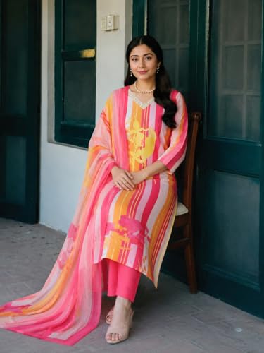 Image of ANNI Designer Cotton Blend Printed Straight Kurta with Pant and Dupatta for Women | Cotton Blend Pink | 3 /4 Sleeve | V-Neck | Ethnic Wear Casual Wear