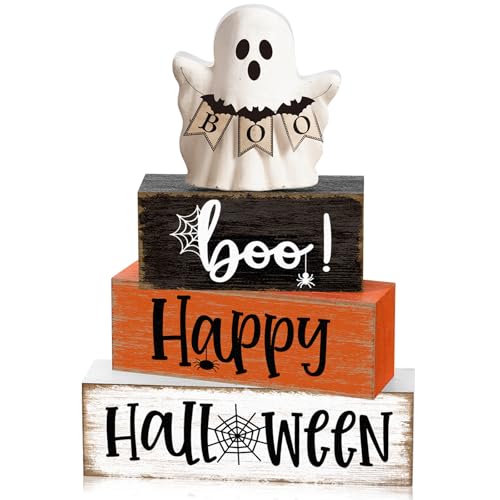 Yousoontic 4 Pcs Wooden Table Decorations Rustic Signs Tiered Tray Decor Wood Farmhouse Vintage Ornaments Gift Centerpiece Tabletop Decor for Entryway Home Desk Room (Halloween Spider)