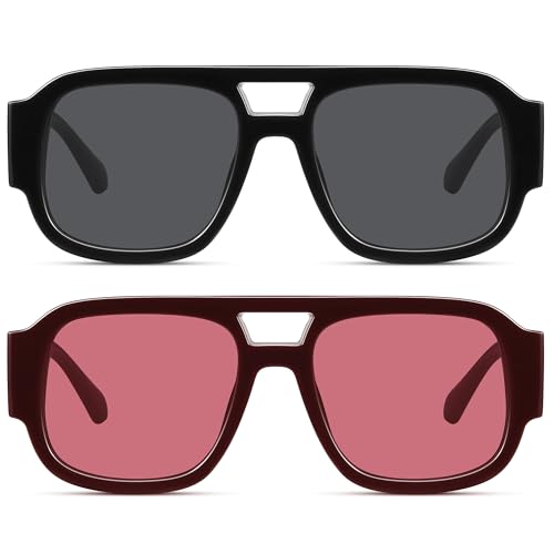 LOOMAKA Square Aviator Sunglasses for Women Men Retro 70s Chunky Double Bridge Glasses Trendy Flat Top Y2K Shades UV400 Protection for Driving & Festival Party — view 3