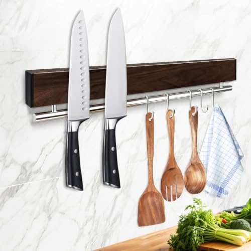 12 Inch Magnetic Knife Holder for Wall - Stainless Steel Magnet Knife Strip No Drill with 5 Hooks/Adhesive Tape/Screws, Wall Mounted Kitchen Utensil Holder, Walnut-Finish Magnetic Knife Organizer