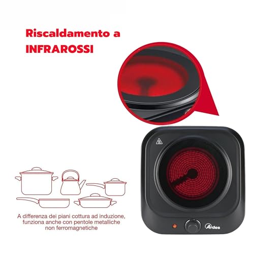 ARDES - Elektrisches Glaskeramikkochfeld, 5 Leistungsstufen, kompatibel mit allen Töpfen, tragbare elektrische Camping-Kochplatte AR1F401, White