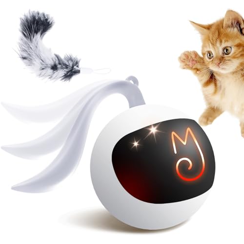 Migipaws Interactive Cat Ball Toy Set, Fun Tracker, Automatic Rolling Chase Ball with Fluffy Tail, A Small Mice, Rechargeable (White)