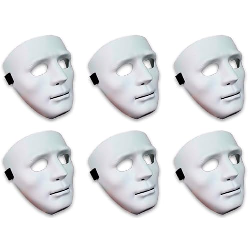 Acan Tradineur - Pack de 6 máscaras de cara blanca para adulto - Plástico - Complemento para disfraces de Halloween, carnaval, cosplay - 17 x 17,5 x 8 cm
