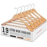 HOUSE DAY 19'' Extra Wide Shoulder Wooden Hangers 6 Pack, Premium Large Wood Suit Hangers With Non Slip Pant Holder, Wide Shoulder Hangers for Suits, Coats, Jackets, Heavy Wide Clothes Hanger, Natural