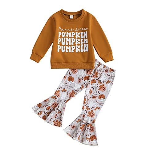 YINGISFITM Toddler Baby Girl Halloween Clothes Little Pumpkin Crewneck Sweatshirt Tops Flare Pants Fall Winter Outfits Set (Caramel, 4-5 Years)