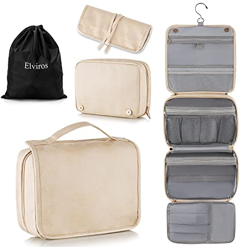 Elviros Hanging Toiletry Bag Removable Travel Bag PU leather Makeup Cosmetic Organizer Kit, Black