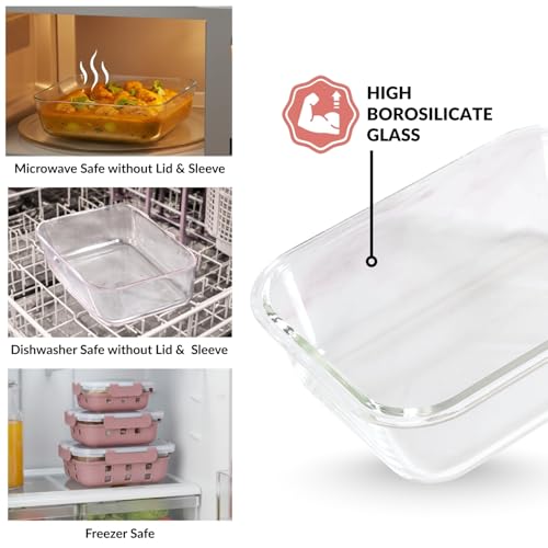Image of Nestasia Gripso Glass Containers Set of 3 with Silicone Sleeve & Locking Lid (370ml, 600ml, 1000ml), Rectangle Food Storage Containers for Kitchen | Microwave, Dishwasher & Freezer Safe (Mauve)