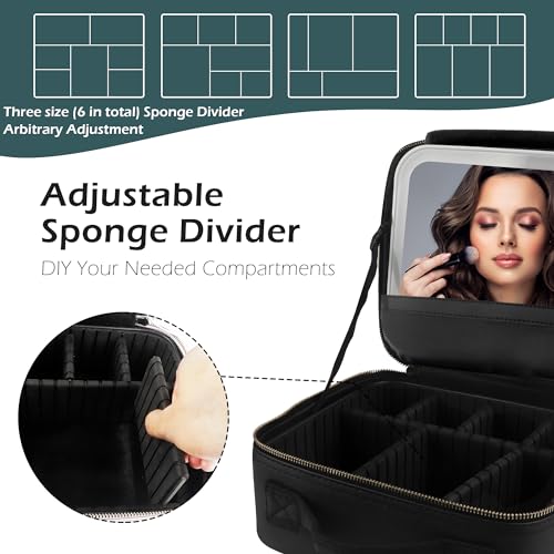 Image of MOMIRA Travel Makeup Bag Cosmetic Bag with Lighted Mirror, Adjustable Brightness in 3 Color Scenarios, Waterproof, 10x Magnifying Mirror, Rotatable Independent Light Mirror- Black(Solid)