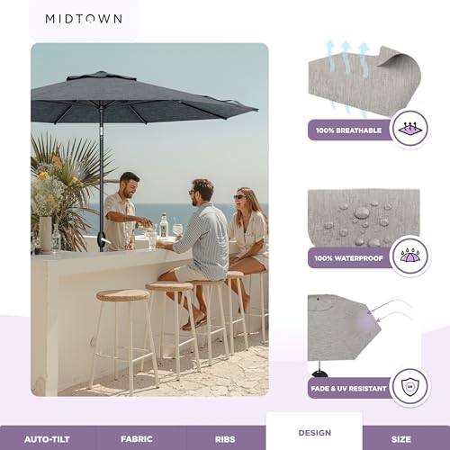 Image of Midtown Umbrellas - The Lean 10 Ft Patio Umbrella with 10-Year-No-Fade Acrylast Acrylic Fabric, Auto-Tilt and 8 Reinforced Ribs for Deck, Pool, Garden, Hotel & Cafes - Stonecast Grey Canopy, Black Pole