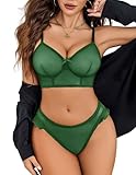 Avidlove Mesh Lingerie Set 2 Pcs Cami and Panty Underwear Lingeres V Neck Teddy Bodysuit (Green, Medium)