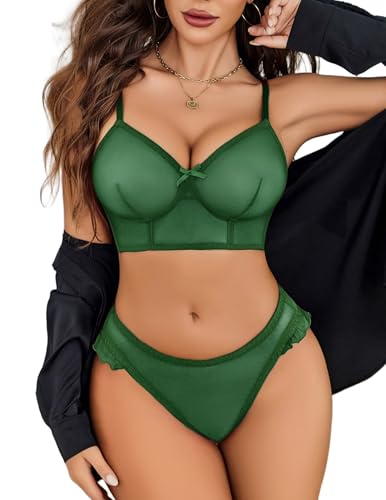 Avidlove Mesh Lingerie Set 2 Pcs Cami and Panty Underwear Lingeres V Neck Teddy Bodysuit (Green, Medium)