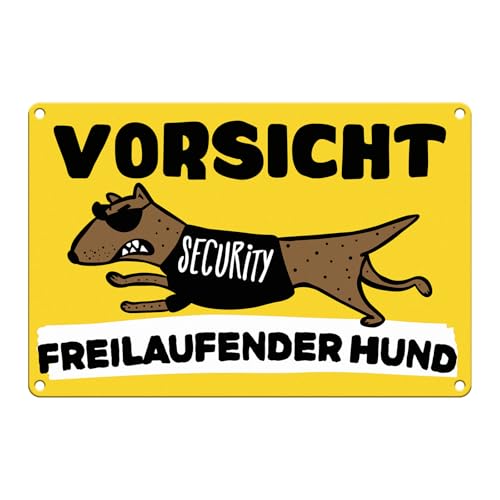 Goodvia Vorsicht Freilaufender Hund Schild Lustig mit bild Security Dog Aluminium Metall Reflektierend, Warnung vor dem Hund Schilder Gelb x1 Stück