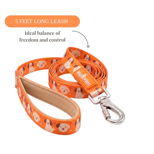 Image of Wag and Wilder Heavy Duty Dog Collar and 5 FT Leash Set for Large Dogs - Quick Release Buckle, Neoprene Padded Handle & Strong Metal Hook (Puppy Parade Orange)