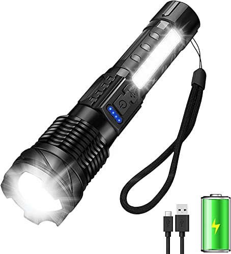 Rechargeable Flashlight 2000 High Lumens, 2-in-1 LED Pocket Camping Flashlights with COB Work Light, 10 Lighting Modes, Zoomable, Type-C Fast Charging Super Bright Torchs for Gifts