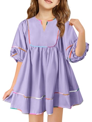 Haloumoning Girls 3/4 Lantern Sleeve Dress Kids Casual V Neck A-Line Flowy Dresses with Pockets 5-14 Years