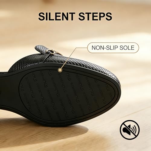Image of MUSSHOE Gold Buckle Mules for Women - Comfortable Memory Foam Loafers, Classy Slip On Flats for Office Business Casual, Dressy Pointed Toe Shoes