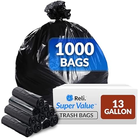 Reli. SuperValue 13 Gallon Trash Bags | 1000 Count Bulk | Tall Kitchen | Can Liners | Black Multi-Use Garbage Bags Cover